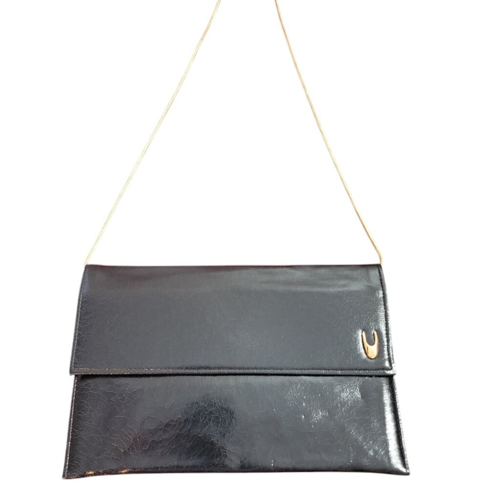 Vintage Shirl Miller LTD 1970s black faux leather clutch bag, retro crossbody/cl